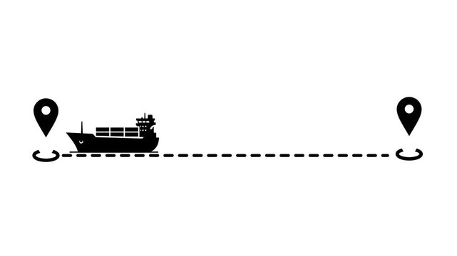 Black silhouette of a cargo ship moving along a dashed line between two location pins, symbolizing shipping route or global transport.