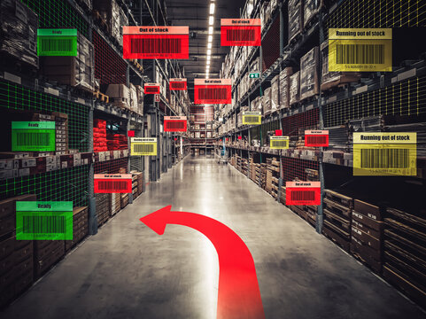 Smart warehouse management system using augmented reality technology to identify package picking and delivery . Future concept of supply chain and logistic business .