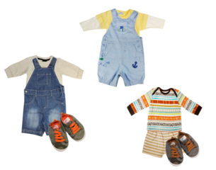 three complete isolated baby boy outfits grouped together: light blue and distressed denim overalls, striped tops, shorts, and matching canvas sneakers.
