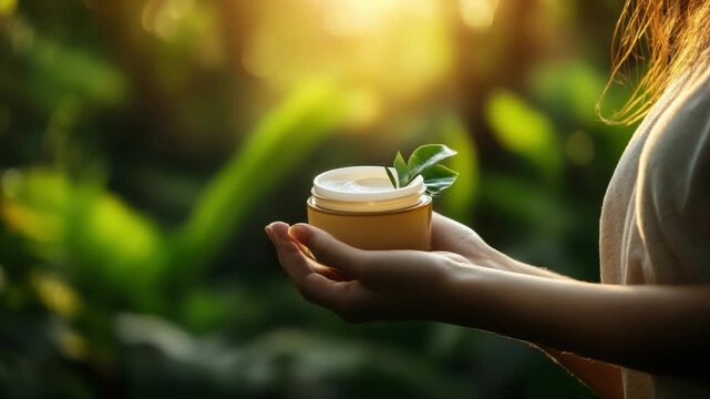 Nurturing Nature's Embrace: A hand delicately cradles a jar of cream, adorned with a fresh leaf, against a backdrop of verdant foliage, symbolizing organic care and botanical essence.