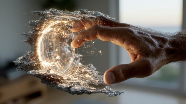 A hand reaches out to a glowing, circular hologram, creating a dynamic visual of technology and innovation in a modern setting. - Powered by Adobe