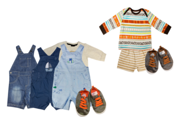 isolated collection of assorted baby boy clothing items, including multiple denim shortalls, a colorful long-sleeve top, striped shorts, and two pairs of canvas sneakers.