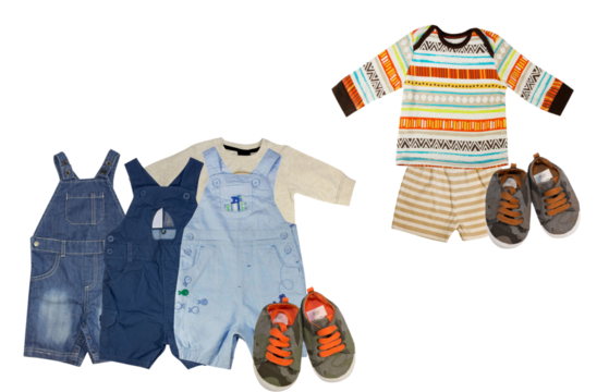 isolated collection of assorted baby boy clothing items, including multiple denim shortalls, a colorful long-sleeve top, striped shorts, and two pairs of canvas sneakers.