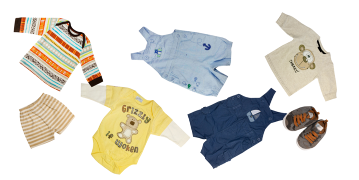 playful isolated scatter of assorted baby boy apparel, including graphic print bodysuits, brightly patterned tops, denim shortalls, striped shorts, and toddler sneakers. - Powered by Adobe