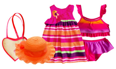 isolated bright summer outfit for infant girls featuring a striped ruffle sundress, matching two-piece bikini swimsuit, woven straw heart bag, and orange wide-brim sun hat.