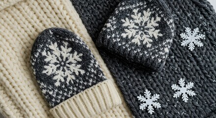 Cozy Knitted Winter Mittens and Scarf with Snowflake Pattern.