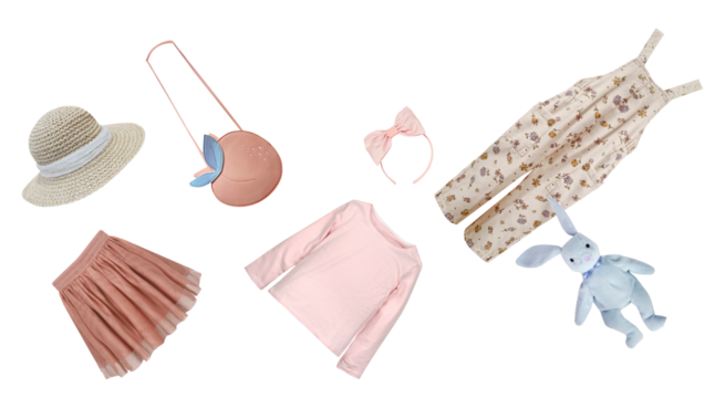scattered isolated collection of baby girl spring clothing and accessories: pink shirts, floral overalls, blush skirt, straw hat, bow headband, peach purse, and bunny toy.