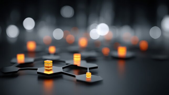 A futuristic digital network with hexagonal shapes and glowing orange elements, representing data storage and technology.
