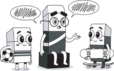 Cute black and white eraser characters talking with speech bubbles illustration for education.