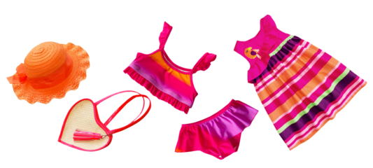 scattered isolated tropical baby girl summer clothing items, including a striped dress, two-piece swimsuit, woven straw heart-shaped beach bag, and an orange wide-brim sun hat.