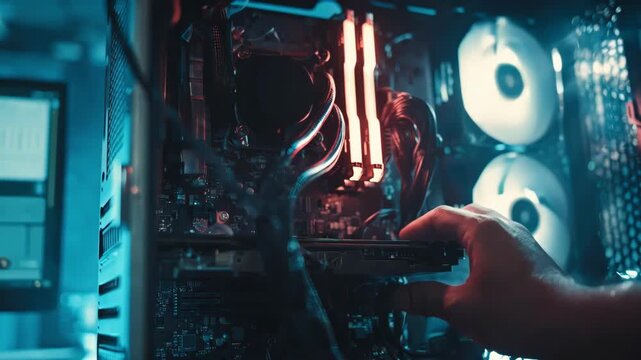 Closeup of hands securing a replacement motherboard in a compact gaming rig showcasing intricate circuitry and highspeed memory slots under bright LEDs.