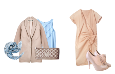 two elegantly separated ensembles of adult female spring and summer clothing accessories emphasizing light colors and feminine styling