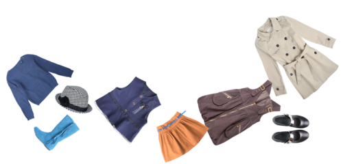 scattered assortment of stylish children's fall and spring clothing items including coats, dresses, knitwear, and accessories isolated on black