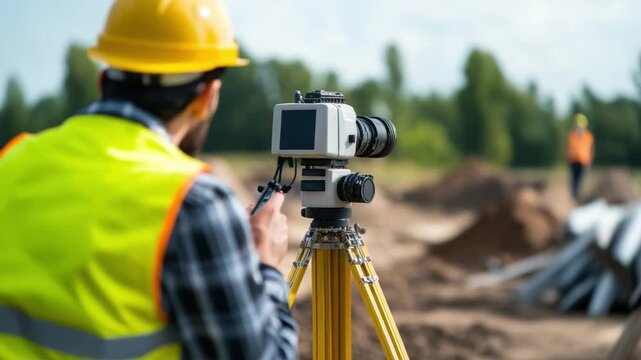 Surveying the Landscape: An engineer meticulously surveys a construction site, employing advanced equipment to ensure precision and accuracy in the land assessment.