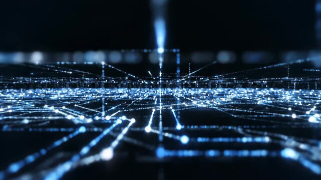 Futuristic cityscape with swirling digital lines and vibrant neon lights conceptually representing technological innovation and urban exploration, perfect for illustrating themes of cutting edge.