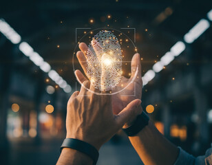A close-up shot shows a hand interacting with a bright, digital fingerprint icon in a futuristic setting, representing secure access, identity verification, and advanced data protection.