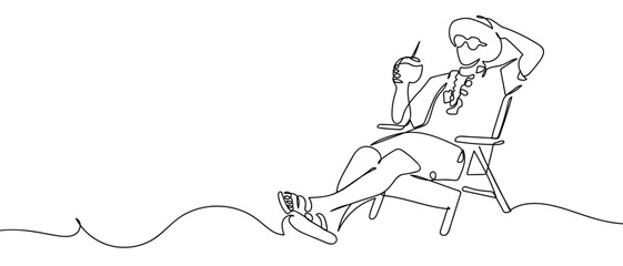 A man sits on a beach chair, one continuous line. One line drawing background. Vector illustration. Editable stroke.