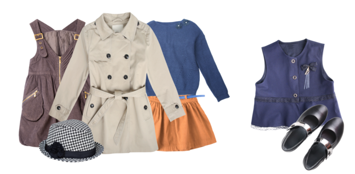 girls' autumn fashion set: beige trench coat, knit top, skirts, dress, vest, formal shoes, and patterned hat, isolated.