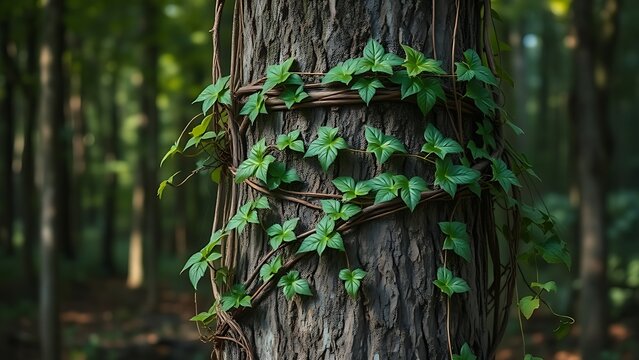constriction. A tree trunk tightly wrapped by growing vines in a forest. gardening catalogs, home-decor guides, designed for home decor and floral branding and gardening and botanical catalogs.