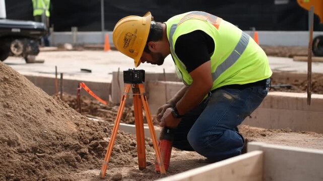 Construction Surveyor Precision: A focused construction surveyor meticulously uses a leveling instrument to ensure accuracy on a construction site.