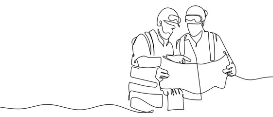 The engineer is looking at the construction plan, one continuous line. One line drawing background. Vector illustration. Editable stroke.