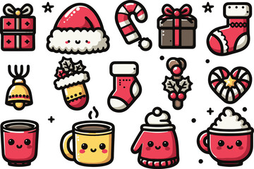 Christmas clipart set with Santa hat, gift, candy cane, and more. Doodle elements for decoration and sticker design.