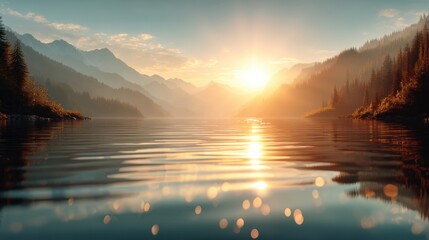 A serene lake reflects the sunrise, surrounded by mountains and trees, creating a picturesque and tranquil natural landscape.