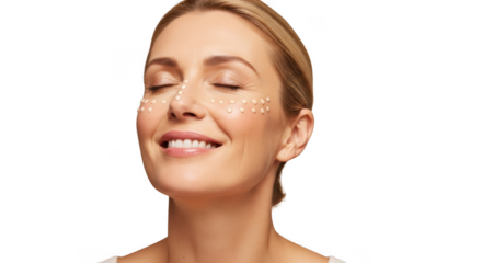 Smiling woman with eyes closed and fresh facial treatment isolated on transparent background