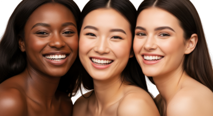 Three happy women smiling together with natural makeup and glowing skin, closeup portrait isolated on transparent background