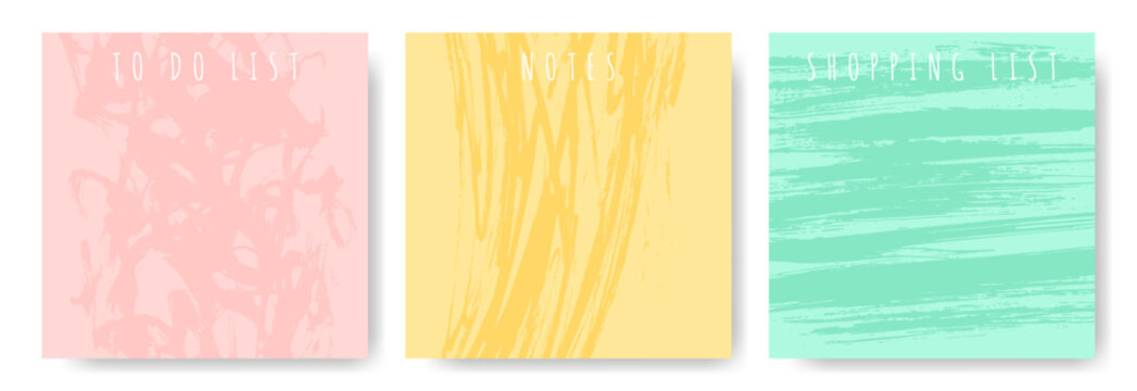To do list, notes, shopping list templates for task and time management, education and home. Layout with copy space. Abstract pastel contemporary backgrounds.