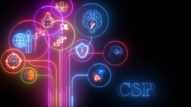 CSR strategy concept. Marketing and brand management. Marketing strategy and thinking the look and feel of brand . Glowing neon line of branding icon. black background with 4k video.