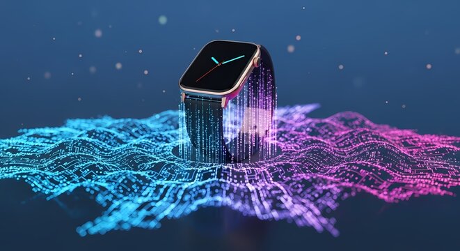 Futuristic smartwatch with digital data flowing around it