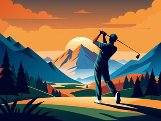 Golfer at Sunset in Mountain Landscape