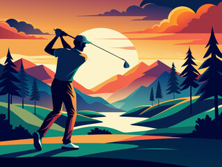 Golfer at Sunset in Mountain Landscape