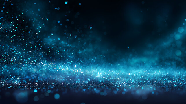 dark blue background with glowing particles and bokeh lights. 