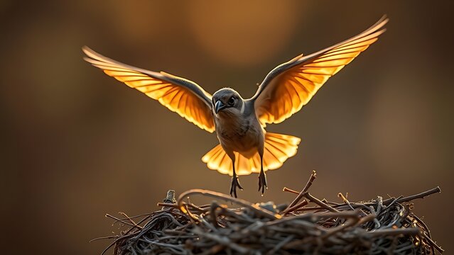 phonology. A young bird's first flight from the nest during the golden morning light. wildlife magazines, conservation campaigns, designed for nature documentaries and education.