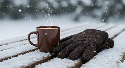 Cozy Winter Scene with Steaming Mug of Hot Chocolate and Gloves on Snowy Table.