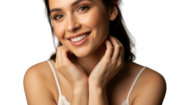 Smiling young woman touching her neck isolated on transparent background, radiant skin portrait