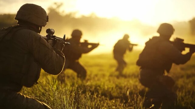 Silent Sentinels: A squad of determined soldiers, silhouetted against the morning sun, move with purpose through a field, embodying courage and strength.