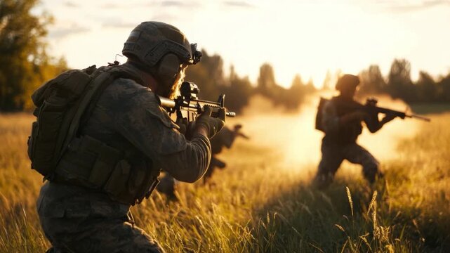 Military Squad in Action: A squadron of armed soldiers advances across an open field, embodying strength, and determination amidst the backdrop of war.