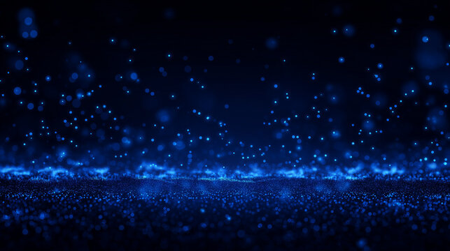 dark blue background with glowing particles and bokeh lights. 