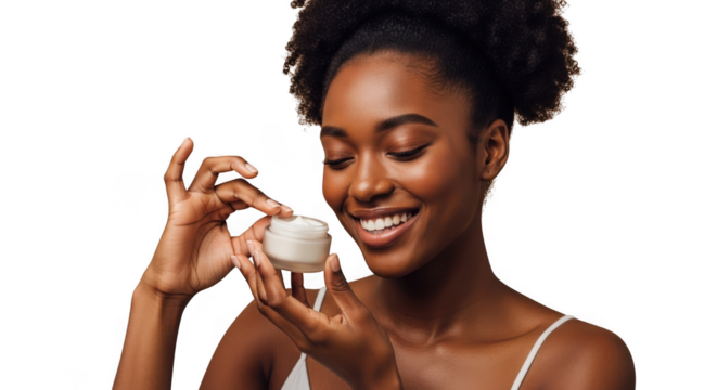 Happy woman smiling while applying cream or lotion from jar, isolated on transparent background