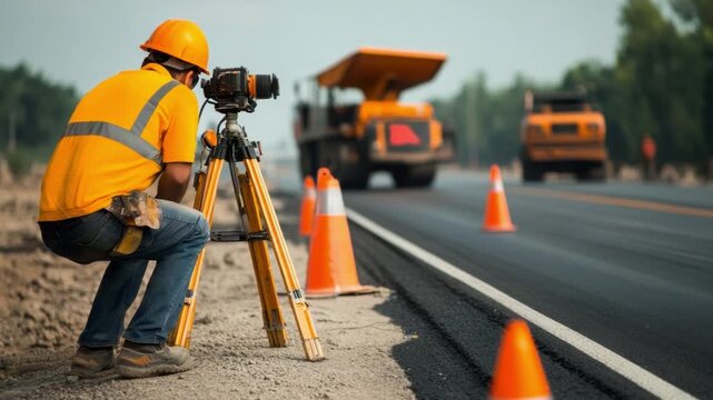 Road Surveyor at Work: A construction surveyor diligently examines the road ahead, utilizing advanced instruments to ensure precise alignment and measurements. In the background.