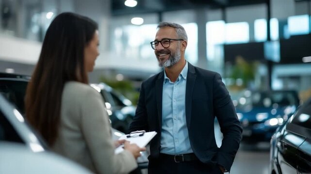 Car Dealership Negotiation: A smartly dressed seller engages in a focused discussion with a customer, possibly sealing a deal in an upscale dealership, showcasing the world of automotive commerce.