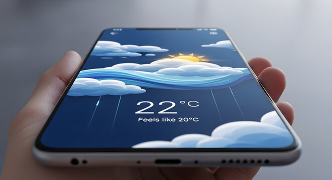Vivid Weather Application on a Modern Smartphone Screen Held in Hand