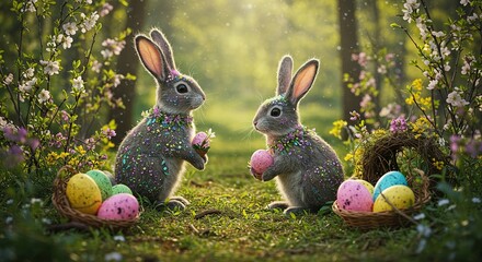 A whimsical, magical scene depicting a mystical bunny in an enchanted springtime forest, surrounded by colorful eggs and blossoms ,joy ,wonder ,awakening