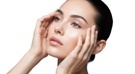 Young woman with hands on face, closeup portrait isolated on transparent background