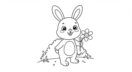 Fototapeta premium Cute rabbit holding flower standing in grassy field
