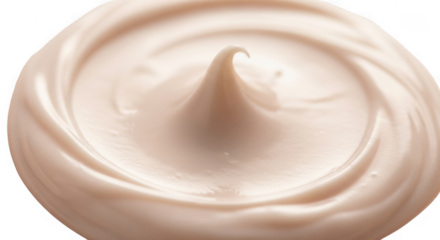 Closeup of smooth creamy pink substance swirled in circular pattern isolated on transparent background