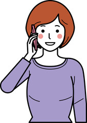 正面向き。スマホで電話するカットソーの若い女性。